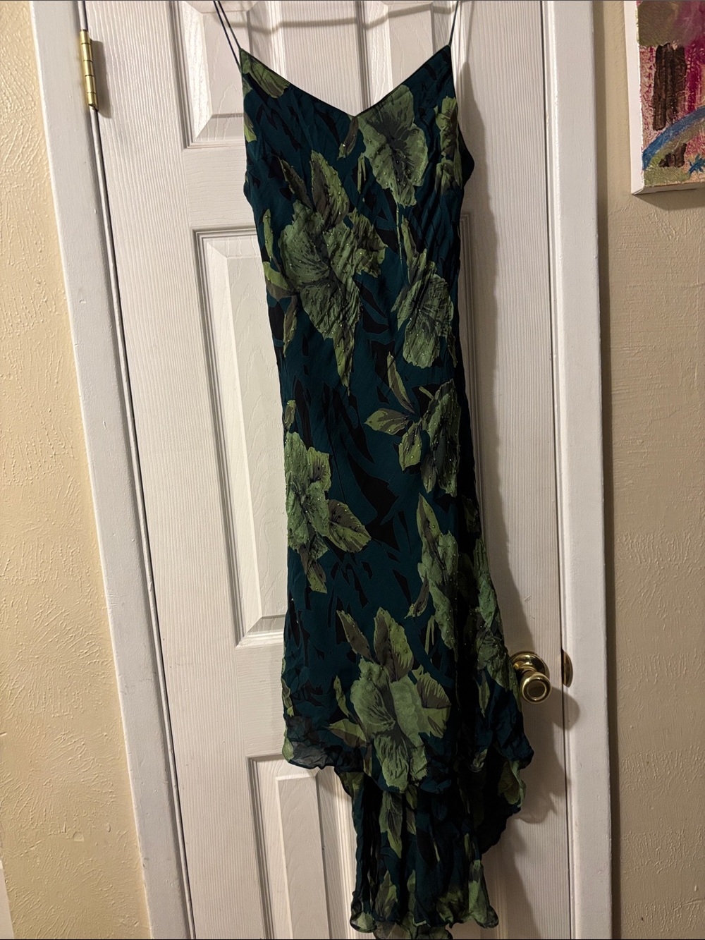 Green Floral High-Low Slip Dress with Spaghetti Straps
